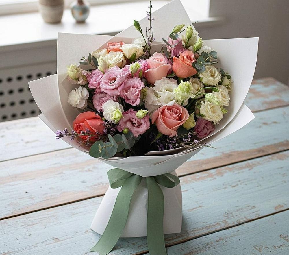 Букет цветов из: Розы, Лизиантусы и Гвоздики в Истре