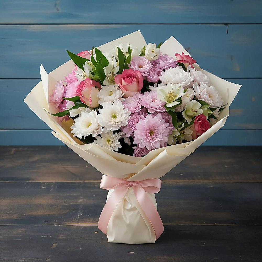 Букет цветов из: Хризантемы, Альстромерии и Розы в Истре